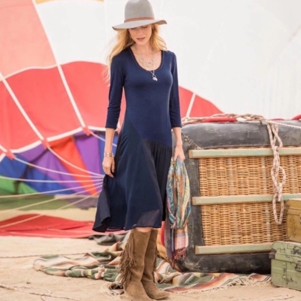 Sundance | Drop Waist Asymmetrical Hem Dress Size M Blue Pullover Stretch Frayed